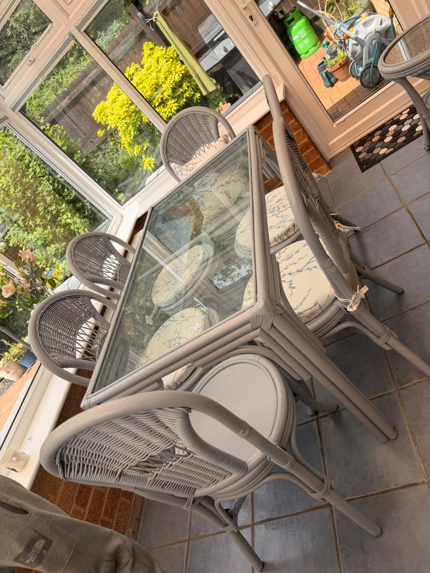 Conservatory rattan furniture resprayed in soft grey